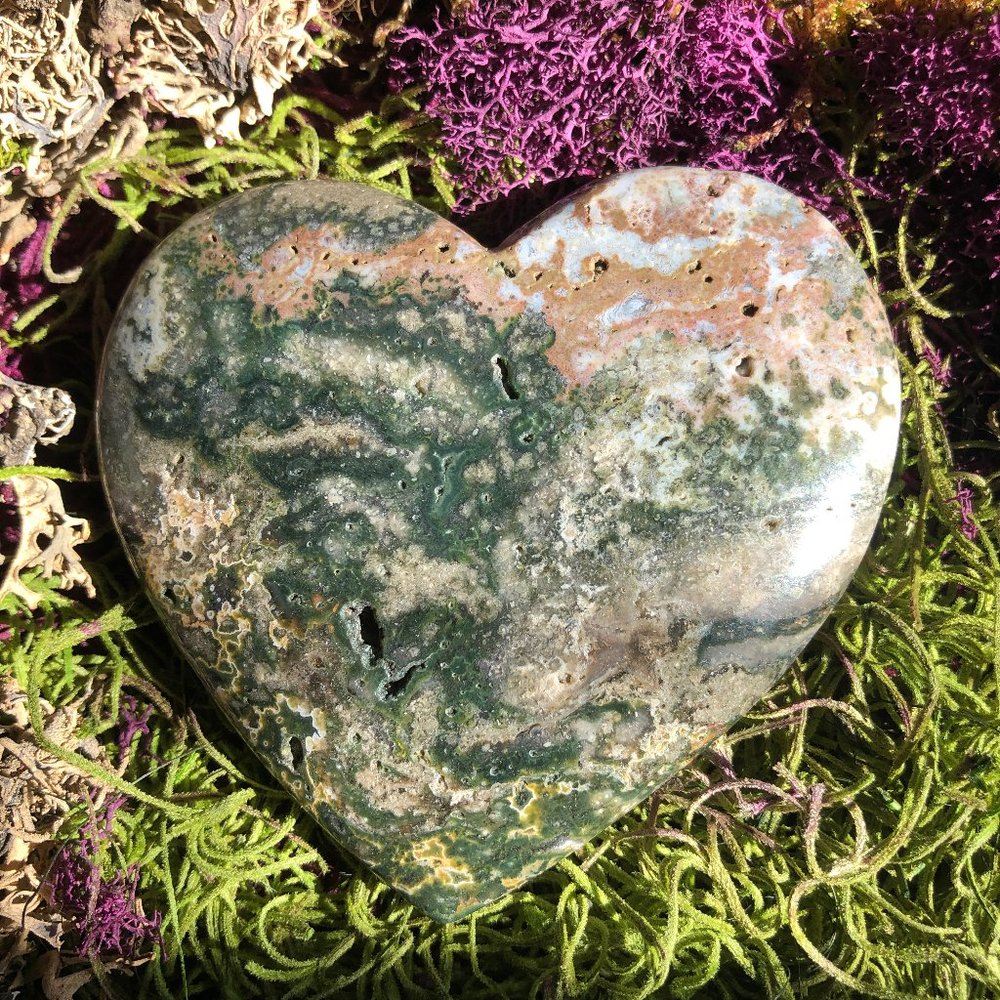 HUGE Moss Agate heart palm stone polished crystal healing reiki gemstone gift